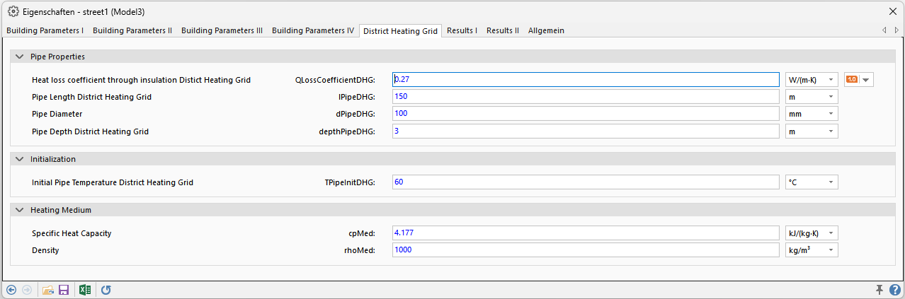 Tab "District Heating Grid" of the parameter dialog of the Street model